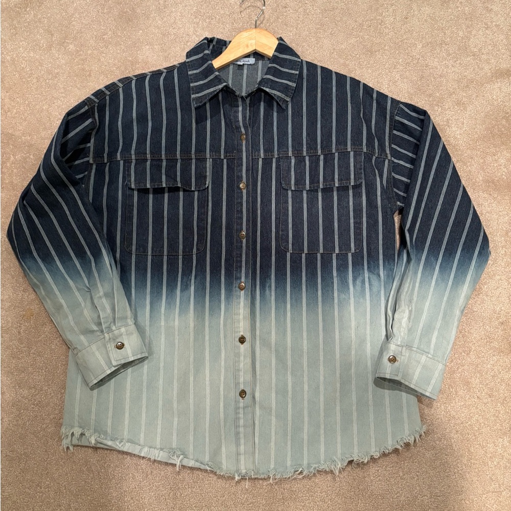 White Birch Ombre Denim Shacket Striped Raw Hem Button Down Small
